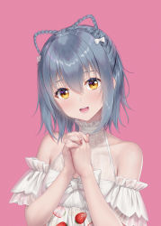 Rule 34 | 1girl, animal ears, bare shoulders, bow, braid, breasts, brown eyes, collarbone, dress, dress bow, fake animal ears, food print, frills, hair bow, hair ornament, hands up, haneru, haori haruki, highres, himitsu no jugyou, looking at viewer, nail art, nail polish, off-shoulder dress, off shoulder, open mouth, original, own hands together, pink background, red nails, short hair, simple background, sleeveless, small breasts, smile, solo, strawberry print, upper body, white bow, white dress, white nails