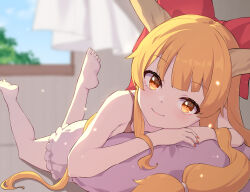 Rule 34 | 1girl, bare shoulders, barefoot, blurry, blurry background, bow, curtains, day, feet up, hair bow, highres, horns, ibuki suika, indoors, light blush, light particles, long hair, lying, nail polish, oeyama, on stomach, oni horns, orange eyes, orange hair, red bow, red nails, sky, smile, soles, solo, the pose, toes, touhou, very long hair