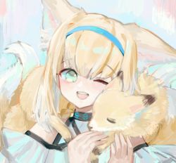 Rule 34 | 1girl, ;d, a0lp, animal, animal ear fluff, animal ears, arknights, bare shoulders, blonde hair, blouse, blue hairband, commentary, english commentary, fox, fox ears, fox girl, fox tail, green eyes, hairband, hands up, infection monitor (arknights), kitsune, looking at viewer, one eye closed, open mouth, shirt, sidelocks, smile, solo, suzuran (arknights), tail, teeth, upper body, upper teeth only, white shirt