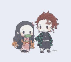 Rule 34 | 1boy, 1girl, ayu (mog), bamboo, bit gag, black hair, blue background, brother and sister, brown eyes, brown hair, checkered sash, chibi, commentary request, earrings, full body, gag, hair ribbon, haori, holding hands, japanese clothes, jewelry, kamado nezuko, kamado tanjirou, kimetsu no yaiba, kimono, long hair, looking at another, multicolored hair, pink kimono, pink ribbon, purple eyes, ribbon, scar, scar on face, scar on forehead, siblings, signature, simple background, smile, standing, two-tone hair
