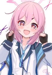 Rule 34 | + +, 1girl, absurdres, blue archive, clenched hands, collared shirt, fang, fingerless gloves, gloves, halo, hands up, highres, jacket, koyuki (blue archive), lanyard, long hair, long sleeves, necktie, open mouth, pink hair, purple eyes, shirt, short eyebrows, smile, solo, straight-on, upper body, yokuto