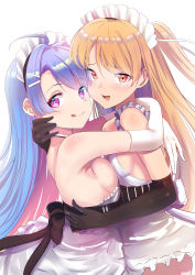Rule 34 | 2girls, ahoge, apron, arms around neck, azur lane, black bow, black gloves, blonde hair, blue eyes, bow, breast press, breasts, cleveland (azur lane), closed mouth, commentary request, elbow gloves, frilled apron, frills, gloves, hair ornament, hairclip, heads together, helena (azur lane), highres, hug, long hair, looking at viewer, looking to the side, maid headdress, multiple girls, one side up, open mouth, purple eyes, red eyes, schreibe shura, simple background, small breasts, smile, symmetrical docking, tongue, tongue out, white apron, white background, white gloves