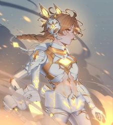 Rule 34 | 1boy, absurdres, aether (genshin impact), alternate costume, armor, artist name, blurry, braid, bright pupils, brown hair, dust, dust cloud, embers, eyelashes, gem, genshin impact, glowing, glowing eye, hatching (texture), headgear, highres, jewelry, long hair, male focus, mechanical, microphone, navel, parted lips, pauldrons, ponytail, profile, ring, science fiction, sevkyi, shoulder armor, single pauldron, solo, turtleneck, white pupils, wire, yellow eyes, yellow gemstone