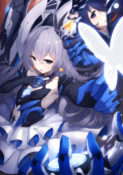 Rule 34 | bare shoulders, black gloves, blue eyes, blue hair, blush, breasts, bronya zaychik, bronya zaychik (herrscher of reason), bug, butterfly, center opening, crossed bangs, dress, drill hair, earrings, elbow gloves, gloves, hair between eyes, hair ornament, hand up, highres, honkai (series), honkai impact 3rd, insect, jewelry, layered dress, long hair, looking at viewer, multiple girls, project bunny, quad drills, seele vollerei, short hair, silver hair, small breasts, xfate