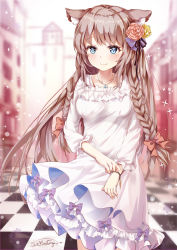Rule 34 | 1girl, absurdres, animal ear fluff, animal ears, blue eyes, blurry, blurry background, blush, bow, braid, breasts, brown flower, brown hair, brown rose, building, cat ears, checkered floor, closed mouth, collarbone, commentary request, depth of field, dress, flower, hair bow, hair flower, hair ornament, highres, jewelry, long hair, long sleeves, medium breasts, mutang, original, pendant, puffy long sleeves, puffy sleeves, purple bow, red bow, rose, side braids, signature, smile, solo, twin braids, very long hair, white dress, yellow flower, yellow rose