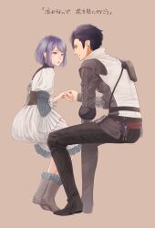 Rule 34 | 1boy, 1girl, black footwear, black hair, black pants, bob cut, boots, brown background, clive rosfield, clivedaisuki, crying, dress, earrings, final fantasy, final fantasy xvi, floating, full body, grey eyes, grey footwear, grey hair, highres, holding hands, jewelry, jill warrick, juliet sleeves, light smile, long sleeves, looking at another, pants, parted lips, puffy sleeves, short hair, single earring, sitting, swept bangs, tears, vest, white dress, white vest