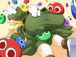 Rule 34 | 1girl, all fours, ass, blonde hair, blush, boots, brown footwear, closed eyes, dress, from behind, furrowed brow, green dress, green hat, hat, huge ass, long hair, long sleeves, madou monogatari, open mouth, puyo (puyopuyo), puyopuyo, sideways mouth, sleeves past wrists, sugiura, sweat, tears, witch (puyopuyo)