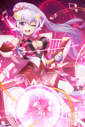 Rule 34 | 1girl, ;d, boots, breasts, cleavage, covered erect nipples, detached sleeves, floating hair, gloves, grey hair, hair between eyes, harp, holding, holding instrument, instrument, large breasts, long hair, long sleeves, miniskirt, musical note, one eye closed, open mouth, pink skirt, pleated skirt, ponytail, red sleeves, senki zesshou symphogear, skirt, smile, solo, thigh boots, thighhighs, uganda (ugandam 00), very long hair, white footwear, white gloves, yukine chris, zettai ryouiki