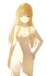 Rule 34 | 1girl, blonde hair, bracelet, breasts, cleavage, dress, flower, hand on own hip, jewelry, lpip, necklace, no bra, original, small breasts, solo, strapless, strapless dress, white background, white dress, white flower, yellow eyes