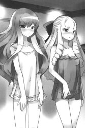 Rule 34 | 00s, 2girls, blush, breasts, chemise, drill hair, flat chest, greyscale, hair slicked back, highres, lingerie, louise francoise le blanc de la valliere, monochrome, montmorency margarita la fere de montmorency, multiple girls, official art, small breasts, underwear, usatsuka eiji, zero no tsukaima