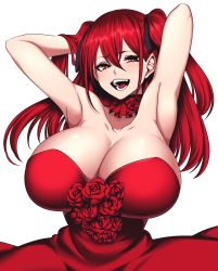 Rule 34 | 1girl, absurdres, aka noju, armpits, arms behind head, arms up, bare shoulders, blush, breasts, choker, cleavage, dress, flower, highres, huge breasts, hz (666v), large breasts, long hair, open mouth, original, red dress, red eyes, red hair, rose, solo, strapless, strapless dress, twintails