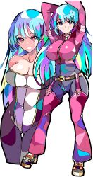 Rule 34 | 1girl, absurdres, alternate breast size, arm behind head, arms up, belt, blue hair, breasts, cleavage, covered navel, enpe, full body, high heels, highres, kula diamond, large breasts, long hair, looking at viewer, multicolored clothes, multicolored eyes, multicolored hair, open mouth, simple background, skin tight, smile, snk, solo, the king of fighters, white background