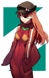 Rule 34 | 1girl, :o, black hat, blue eyes, bodysuit, breasts, brown hair, coat, commentary, expressionless, eyepatch, hands in pockets, hat, hentaki, long hair, long sleeves, looking to the side, neon genesis evangelion, parted lips, pilot suit, plugsuit, rebuild of evangelion, red bodysuit, simple background, small breasts, solo, souryuu asuka langley, standing, turtleneck, two-tone background, upper body, wide hips