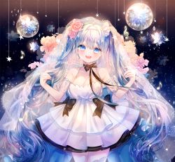 Rule 34 | :d, blue eyes, blue hair, blush, bow, bowtie, breasts, cleavage, crystal, detached sleeves, dress, flower, hair between eyes, hair ornament, hairband, hatsune miku, heart, heart-shaped eyes, large breasts, lily (flower), musical note, open mouth, ribbon, rose, see-through, shina (sbk951121), smile, solo, spaghetti strap, star (symbol), thighhighs, twintails, veil, vocaloid
