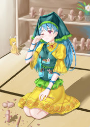 Rule 34 | 1girl, ;), absurdres, ailu elf, arm ribbon, blonde hair, blue hair, blue ribbon, blue vest, blush, character doll, chinese commentary, chisel, commentary request, dress, flower, hair ribbon, hand up, haniyasushin keiki, head scarf, highres, indoors, jewelry, joutouguu mayumi, long hair, magatama, magatama necklace, necklace, one eye closed, pink eyes, plant, pocket, potted plant, puffy short sleeves, puffy sleeves, ribbon, rubbing eyes, seiza, shadow, shelf, short sleeves, single strap, sitting, smile, solo, tatami, touhou, vest, white flower, white ribbon, wrench, yellow dress