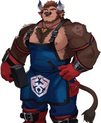 Rule 34 | 1boy, animal ears, another eidos-r, apron, bara, bare shoulders, beard, between pectorals, blue apron, blue pants, brown fur, chest hair, cow ears, cow horns, cow tail, earrings, facial hair, feet out of frame, furry, furry male, harness, horn ornament, horn ring, horns, jewelry, large pectorals, looking at viewer, male focus, mato (matomonstera), mature male, minotaur, muscular, muscular male, nipple slip, nipples, no shirt, nose piercing, nose ring, official art, pants, pectoral cleavage, pectorals, piercing, short hair, sidepec, sleeveless, smile, solo, tail, transparent background, volund (another eidos), white horns