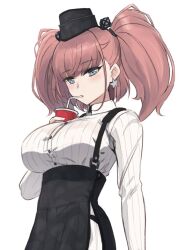 Rule 34 | 1girl, anchor hair ornament, atlanta (kancolle), black skirt, blue eyes, blush, breasts, brown hair, cup, disposable cup, drinking straw, drinking straw in mouth, earrings, garrison cap, hair ornament, hat, headgear, high-waist skirt, holding, holding cup, jewelry, kantai collection, large breasts, long hair, long sleeves, looking at viewer, odachu, shirt, single earring, skirt, solo, star (symbol), star earrings, suspender skirt, suspenders, two side up