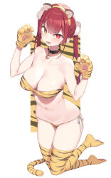 Rule 34 | 1girl, absurdres, animal ears, animal hands, animal print, bare shoulders, bell, bikini, black collar, breasts, cloba, collar, collarbone, commentary, fake animal ears, fang, gloves, hands up, heterochromia, highres, hololive, houshou marine, kneeling, large breasts, long hair, looking at viewer, navel, neck bell, no shoes, open mouth, paw gloves, print bikini, raised eyebrow, red eyes, red hair, side-tie bikini bottom, skin fang, skindentation, solo, swimsuit, symbol-only commentary, tail, thighhighs, thighs, tiger ears, tiger print, tiger tail, twintails, virtual youtuber