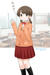 Rule 34 | 1girl, alternate costume, black socks, blazer, bow, bowtie, brown eyes, brown hair, classroom, commentary request, desk, feet out of frame, jacket, kantai collection, low twintails, masara (chuujou), one-hour drawing challenge, orange jacket, parted bangs, pleated skirt, red bow, red bowtie, red skirt, school desk, shirayuki (kancolle), short hair, short twintails, skirt, socks, solo, translated, twintails, white hair