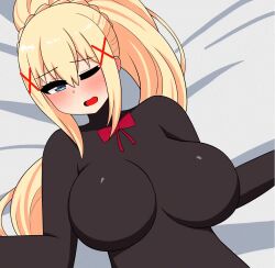 Rule 34 | 1girl, animated, blonde hair, blue eyes, blush, bouncing breasts, bow, breasts, darkness (konosuba), hair ornament, huge breasts, jiggle, kono subarashii sekai ni shukufuku wo!, long hair, lowres, lying, on back, one eye closed, open mouth, ponytail, red bow, sexually suggestive, solo, the only shoe, video, x hair ornament