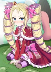Rule 34 | 1girl, :&lt;, arm support, beatrice (re:zero), blonde hair, blue eyes, blush, bow, capelet, crown, dress, drill hair, frog, fur-trimmed capelet, fur trim, grass, kono subarashii sekai ni shukufuku wo!, long hair, long sleeves, mini crown, pantyhose, pink bow, pink pantyhose, re:zero kara hajimeru isekai seikatsu, red capelet, red dress, s (hdru2332), sitting, slime (substance), striped clothes, striped pantyhose, symbol-shaped pupils, tongue, tongue out, twin drills, twintails, wariza