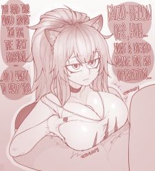Rule 34 | 1boy, 1girl, animal ear fluff, animal ears, arknights, black nails, breasts squeezed together, breasts, choker, clothed female nude male, commentary, commission, deep skin, ekz (robotekz), english commentary, english text, expressionless, hetero, highres, jitome, large breasts, lion ears, lion girl, long hair, looking up, monochrome, nail polish, nude, paizuri, paizuri under clothes, penis, ponytail, siege (arknights), solo focus, speech bubble, strap slip, studded choker, tank top