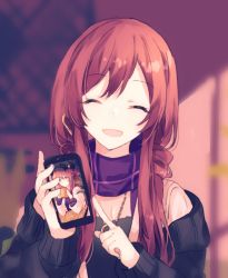 Rule 34 | 1girl, bad id, bad pixiv id, black sweater, blurry, blurry background, brown hair, cellphone, character request, closed eyes, earrings, facing viewer, highres, holding, holding phone, idolmaster, jewelry, long hair, migolu, open mouth, osaki amana, osaki tenka, phone, plaid, plaid scarf, purple scarf, scarf, sidelocks, smartphone, smile, solo, sweater