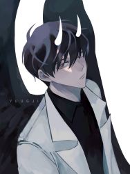Rule 34 | 1boy, artist name, black hair, black shirt, black wings, closed mouth, collared shirt, commentary, highres, horns, jacket, kim dokja, looking at viewer, male focus, omniscient reader&#039;s viewpoint, open clothes, open jacket, red eyes, shirt, short hair, simple background, solo, symbol-only commentary, upper body, white background, white horns, white jacket, wings, yuugji