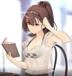 Rule 34 | 1girl, akizuki (kancolle), black headwear, book, breasts, brown eyes, brown hair, cleavage, clothes writing, fuwafuwatoufu, hachimaki, headband, highres, holding, holding book, kantai collection, long hair, medium breasts, one-hour drawing challenge, ponytail, shirt, short sleeves, solo, twitter username, upper body, white shirt