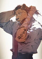 Rule 34 | 1boy, animal ears, arm tattoo, bandaged arm, bandages, beastars, black pants, commentary, furry, furry male, glasses, hair tie in mouth, highres, ibuki (beastars), lion boy, lion ears, lion mane, male focus, mouth hold, pants, red tie, shirt, symbol-only commentary, tattoo, toro402, tying hair, white background, white shirt