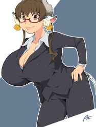 Rule 34 | 1girl, an itari, animal ears, bell, belly piercing, breasts, brown eyes, brown hair, clothes, cow ears, cow horns, cow tail, ear piercing, female focus, glasses, highres, horns, large breasts, long hair, looking at viewer, original, piercing, smile, solo, tail