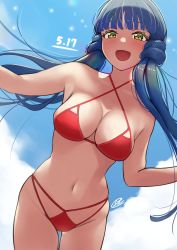 Rule 34 | 1girl, :d, bare arms, bare legs, bare shoulders, bikini, blue hair, blue sky, blunt bangs, blush, breasts, c (theta), cleavage, collarbone, cowboy shot, criss-cross halter, day, groin, halterneck, highres, idolmaster, idolmaster million live!, idolmaster million live! theater days, kitakami reika, large breasts, long hair, looking at viewer, navel, open mouth, outdoors, red bikini, signature, sky, smile, solo, standing, string bikini, swimsuit, twintails, very long hair, yellow eyes
