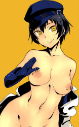 Rule 34 | 1girl, arm at side, black hair, blue gloves, blue hat, breasts, buckle, cabbie hat, clothes down, coat, contrapposto, dark persona, earrings, elbow gloves, em (totsuzen no hakike), female focus, female pubic hair, gloves, groin, hat, heart, heart-shaped pupils, jewelry, large breasts, lip piercing, looking at viewer, megami tensei, navel, nipple piercing, nipple pull, nipple rings, nipple stimulation, nipples, nude, out-of-frame censoring, persona, persona 4, piercing, pubic hair, pulling own clothes, shadow (persona), shadow naoto, shin megami tensei, shirogane naoto, short hair, simple background, smile, solo, standing, symbol-shaped pupils, tsurime, very short hair, white coat, yellow background, yellow eyes