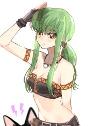 Rule 34 | 1girl, alternate hairstyle, arm up, black gloves, breasts, c.c., cleavage, code geass, collarbone, cosplay, creayus, felyne, fingerless gloves, gloves, green eyes, green hair, jewelry, long hair, looking at viewer, low ponytail, medium breasts, midriff, monster hunter (series), monster hunter rise, navel, necklace, shell, shell necklace, sidelocks, simple background, smile, solo, strapless, upper body, white background
