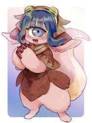Rule 34 | 1girl, blue eyes, blue hair, brown capelet, brown headwear, capelet, cyclops, fluffy, framed, fur, furry, furry female, highres, interlocked fingers, looking at viewer, made in abyss, mz marine, one-eyed, open mouth, own hands clasped, own hands together, pakkoyan, sidelocks, signature, smile, solo, tail