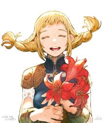 Rule 34 | 1girl, ^ ^, armband, armor, blonde hair, blue jacket, braid, closed eyes, copyright name, facing viewer, final fantasy, final fantasy xii, floating hair, flower, hands up, happy, hatching (texture), highres, holding, holding flower, jacket, kuroimori, open mouth, pauldrons, penelo, red flower, short bangs, shoulder armor, signature, sleeveless, sleeveless jacket, smile, solo, twin braids, upper body