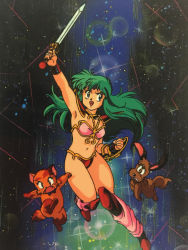 Rule 34 | 1980s (style), 1girl, arm up, armor, ayanokouji rem, bikini armor, blue eyes, boots, bracelet, cat, dog, dream hunter rem, floating hair, green hair, holding, holding sword, holding weapon, jewelry, long hair, navel, official art, retro artstyle, retro artstyle, shield, solo, sword, weapon