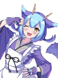 Rule 34 | 1girl, apron, blue hair, dragon girl, dragon horns, dragon tail, dress, duel monster, fang, gloves, highres, horns, lace-trimmed apron, lace trim, laundry dragonmaid, long sleeves, maid, maid apron, open mouth, short hair, smile, tail, takkayuuki, wa maid, yellow eyes, yellow horns, yu-gi-oh!