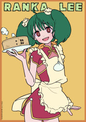 Rule 34 | 1girl, :d, ahoge, apron, bamboo steamer, border, brown apron, brown border, character name, china dress, chinese clothes, commentary request, dress, frilled apron, frills, green hair, hand up, head tilt, highres, holding, holding plate, looking at viewer, macross, macross frontier, neki (wakiko), open mouth, orange background, plate, ranka lee, red dress, red eyes, short sleeves, smile, solo, twintails