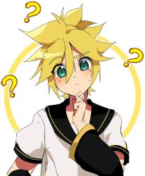 Rule 34 | 1boy, ?, arm warmers, bad id, bad twitter id, black collar, black sleeves, blonde hair, collar, commentary, detached sleeves, ei flow, english commentary, green eyes, hand on own chin, head tilt, kagamine len, looking at another, male focus, raised eyebrow, sailor collar, school uniform, shirt, short ponytail, short sleeves, spiked hair, sweat, thinking, upper body, vocaloid, white shirt