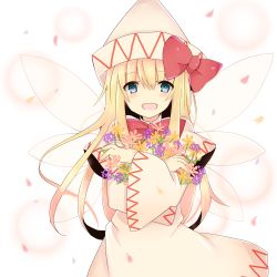 Rule 34 | 1girl, bad id, bad pixiv id, blonde hair, blush, fairy wings, female focus, flower, green eyes, hat, ichihashi, lily white, long hair, no nose, hugging object, open mouth, petals, smile, solo, touhou, upper body, wings