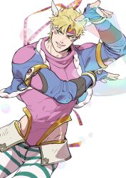Rule 34 | 1boy, battle tendency, blonde hair, blue jacket, bubble, caesar anthonio zeppeli, facial mark, feather hair ornament, feathers, fingerless gloves, gloves, green eyes, hair ornament, hakmonss, headband, highres, hydrokinesis, jacket, jojo no kimyou na bouken, leotard, male focus, pants, solo, striped clothes, striped pants, triangle print, water