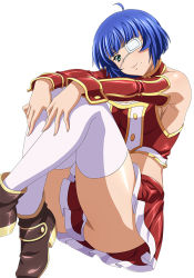 Rule 34 | 1girl, ass, bare shoulders, blue hair, closed mouth, eyepatch, female focus, ikkitousen, medium hair, mole, mole under mouth, ryomou shimei, shoes, simple background, sitting, smile, solo, thighhighs, white background, white thighhighs
