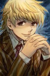 Rule 34 | 1boy, blonde hair, empty eyes, formal, gendou pose, hands clasped, hungry clicker, hunter x hunter, interlocked fingers, looking at viewer, male focus, necktie, own hands clasped, own hands together, pariston hill, smile, solo, striped suit, suit