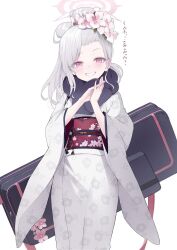 Rule 34 | 1girl, bag, blue archive, blush, feet out of frame, floral print, flower, grey hair, hair bun, hair flower, hair ornament, halo, highres, japanese clothes, kimono, long hair, long sleeves, looking at viewer, mutsuki (blue archive), mutsuki (new year) (blue archive), natsume yochiki, obi, open mouth, own hands together, pink eyes, sash, scarf, simple background, smile, solo, translation request, white background, white kimono, wide sleeves, yukata