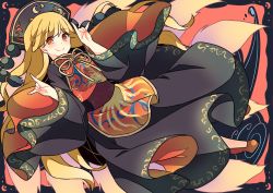 Rule 34 | 1girl, absurdres, belt, black background, black dress, black hat, black sleeves, blonde hair, bow, brown belt, chinese clothes, closed mouth, crescent, dress, energy, hair between eyes, hands up, hat, haya taro pochi, highres, holding, junko (touhou), long hair, long sleeves, orange eyes, pom pom (clothes), red background, red footwear, red vest, shoes, smile, solo, touhou, vest, water, wide sleeves, yellow bow, yellow neckwear
