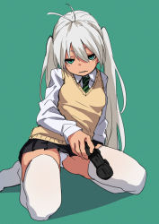 Rule 34 | 1girl, antenna hair, character request, controller, copyright request, fu-ta, game controller, gamepad, green eyes, looking at viewer, necktie, panties, pantyshot, school uniform, simple background, sitting, solo, striped necktie, striped neckwear, sweater vest, thighhighs, twintails, underwear, wariza, white hair, white panties, white thighhighs