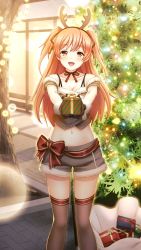 Rule 34 | 1girl, :d, antlers, black gloves, bow, box, breasts, brown eyes, brown hair, brown ribbon, brown thighhighs, christmas, christmas tree, cleavage, collarbone, crop top, day, doukyuusei another world, fake antlers, fur-trimmed gloves, fur-trimmed shorts, fur trim, game cg, gift, gift bag, gift box, gloves, grey shorts, hair between eyes, hair ribbon, holding, holding box, horns, lens flare, long hair, medium breasts, midriff, navel, neck ribbon, official art, open mouth, outdoors, red bow, reindeer antlers, ribbon, sendou airi, shiny clothes, shiny legwear, short shorts, shorts, smile, solo, standing, stomach, thighhighs, twintails, very long hair