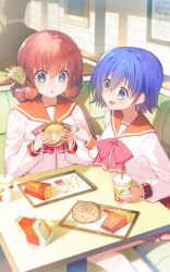 2girls animal_ears bird_ears blue_eyes blue_hair braid braided_bun burger fast_food food french_fries hair_bun highres leaf1618 multiple_girls nosuri red_sailor_collar restaurant ribbon sailor_collar school_uniform serafuku short_hair table to_heart_(series) to_heart_2 tonami_yuma tray utawarerumono utawarerumono:_lost_flag