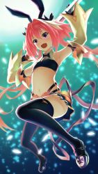 Rule 34 | 1boy, armor, armpits, arms up, astolfo (fate), astolfo (saber) (fate), backlighting, bare shoulders, belt, black bow, black footwear, black gloves, black ribbon, black skirt, black thighhighs, blush, bow, bowtie, crop top, detached sleeves, fang, fate/grand order, fate (series), faulds, gloves, gradient background, hair between eyes, hair bow, hair intakes, hair ribbon, highres, legs, long hair, long sleeves, looking at viewer, low twintails, male focus, midriff, miniskirt, multicolored hair, navel, open mouth, pink hair, purple eyes, revision, ribbon, skirt, smile, solo, streaked hair, sword, thighhighs, thighs, trap, twintails, weapon, white hair, wide sleeves, yoka1chi